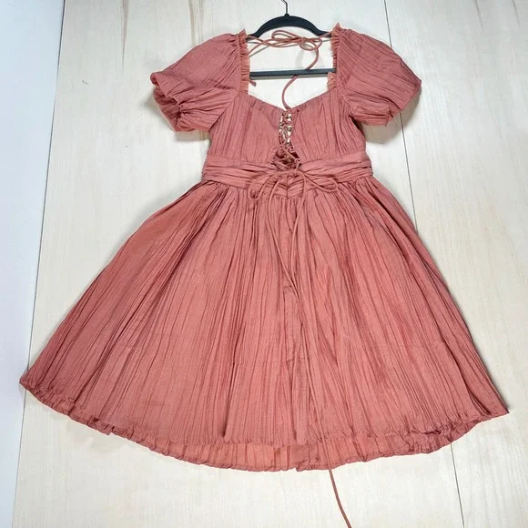 ASOS DESIGN Plisse Mini Dress Puff Sleeve‎ in Rose S Babydoll - Picture 6 of 7